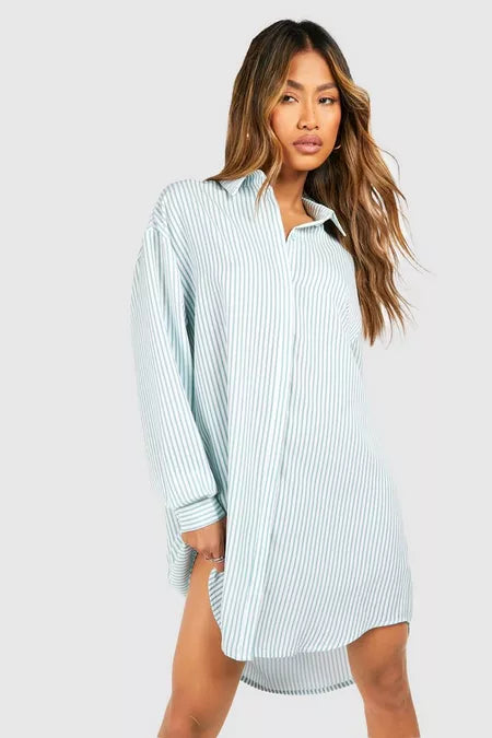 Striped drop shoulder shirt dress in blue