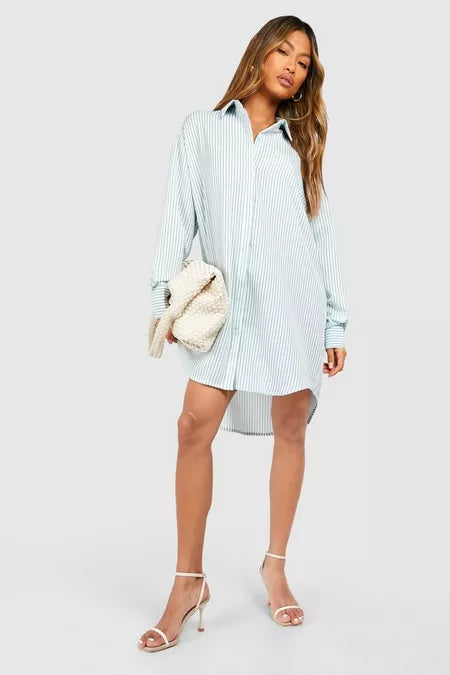Striped drop shoulder shirt dress in blue