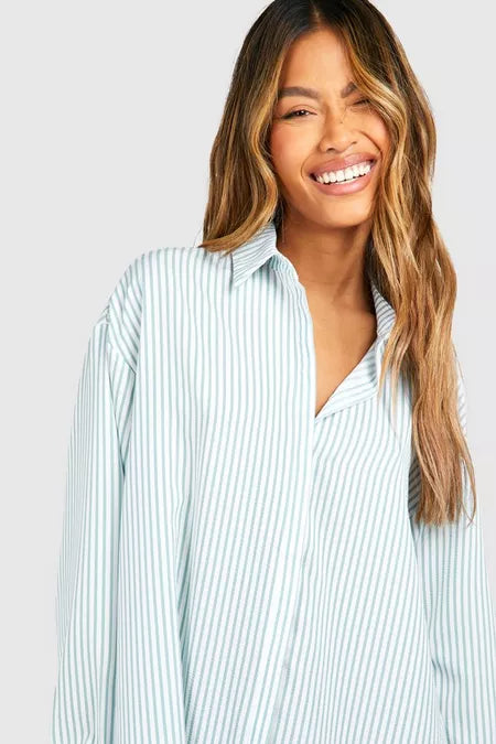 Striped drop shoulder shirt dress in blue