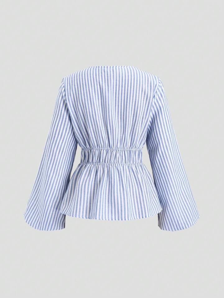 Striped tie waist belle sleeve top in blue