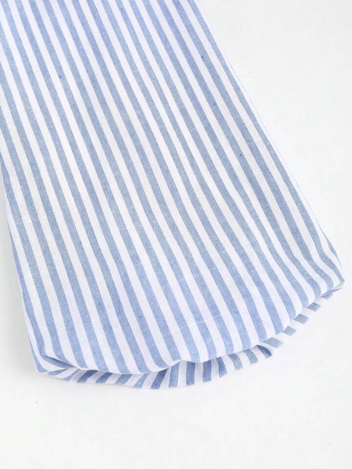 Striped tie waist belle sleeve top in blue