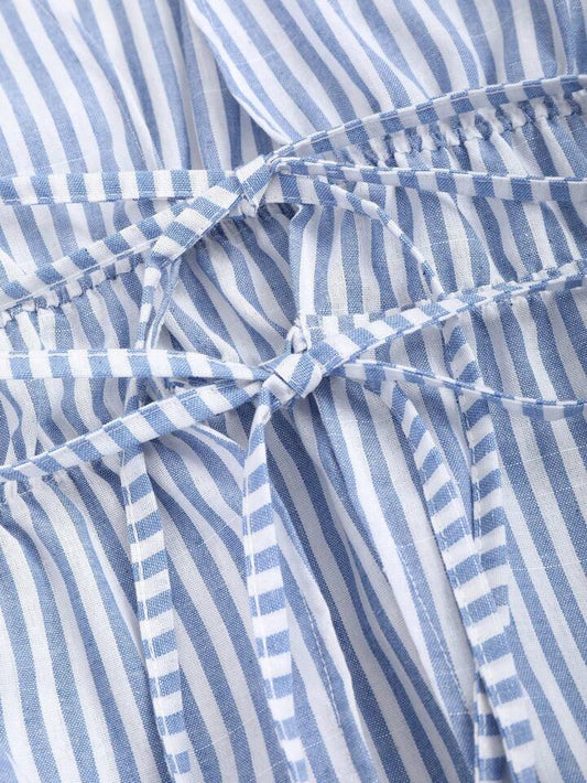 Striped tie waist belle sleeve top in blue