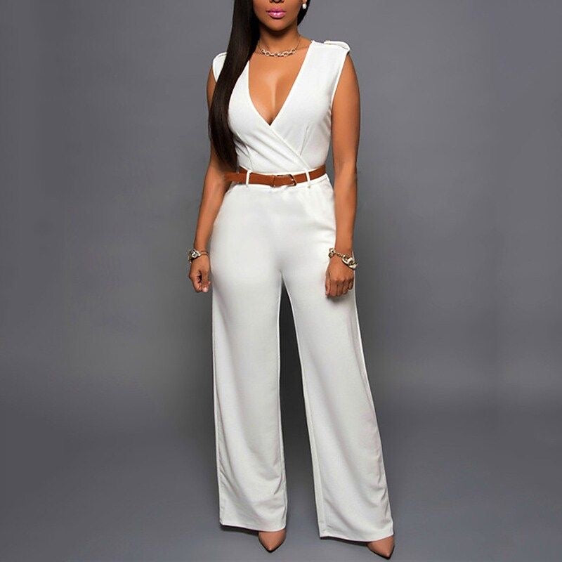 Surplice v neck wide leg jumpsuit in white