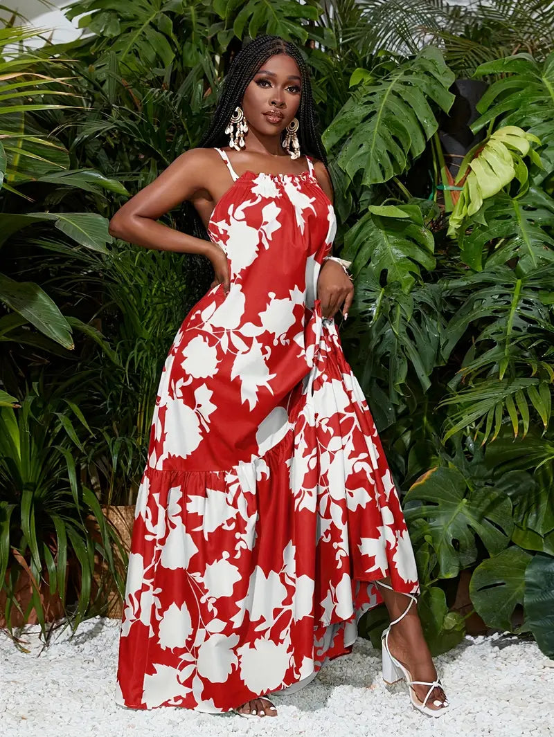 Suspender A-hem all over printed maxi dress in red
