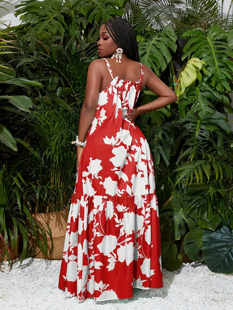 Suspender A-hem all over printed maxi dress in red
