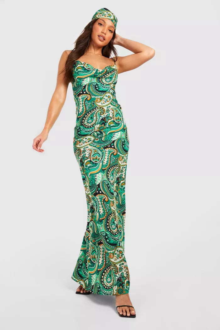 Tall bright paisley maxi dress with headscarf in multi