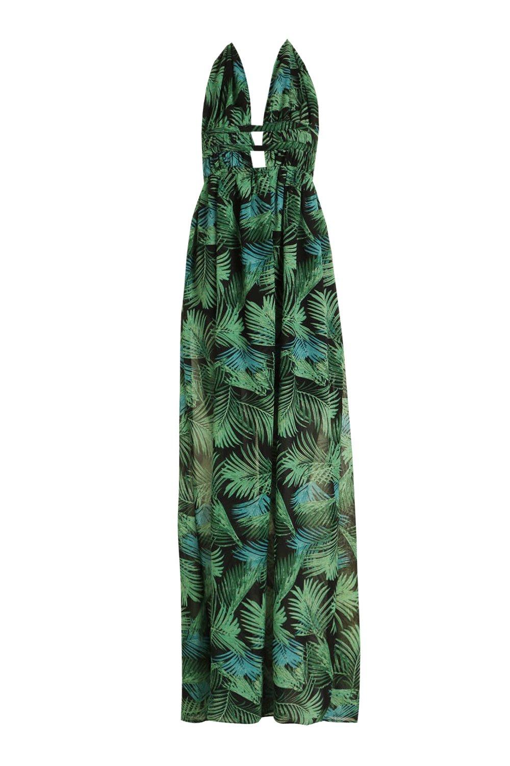 Tall plunge front palm print maxi dress in multi