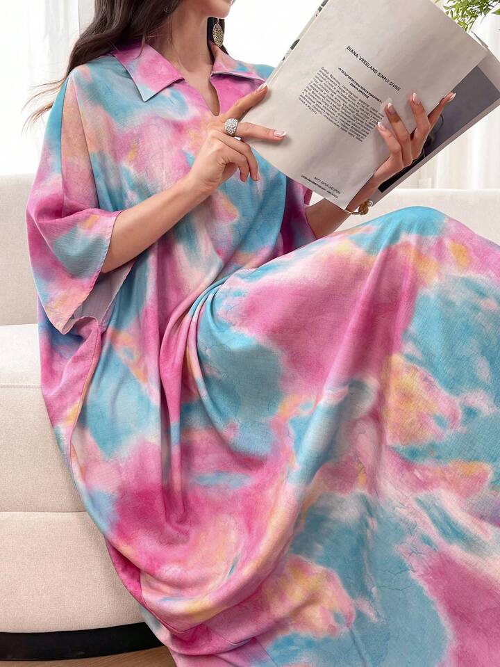 Tie dye print random pattern modest dress in multi