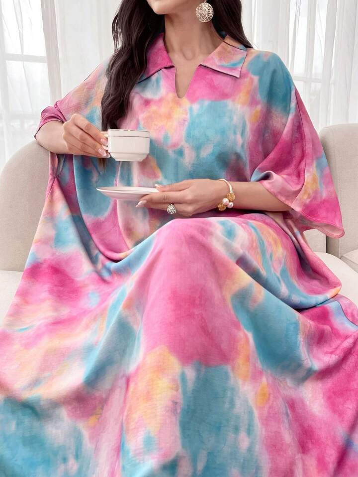 Tie dye print random pattern modest dress in multi