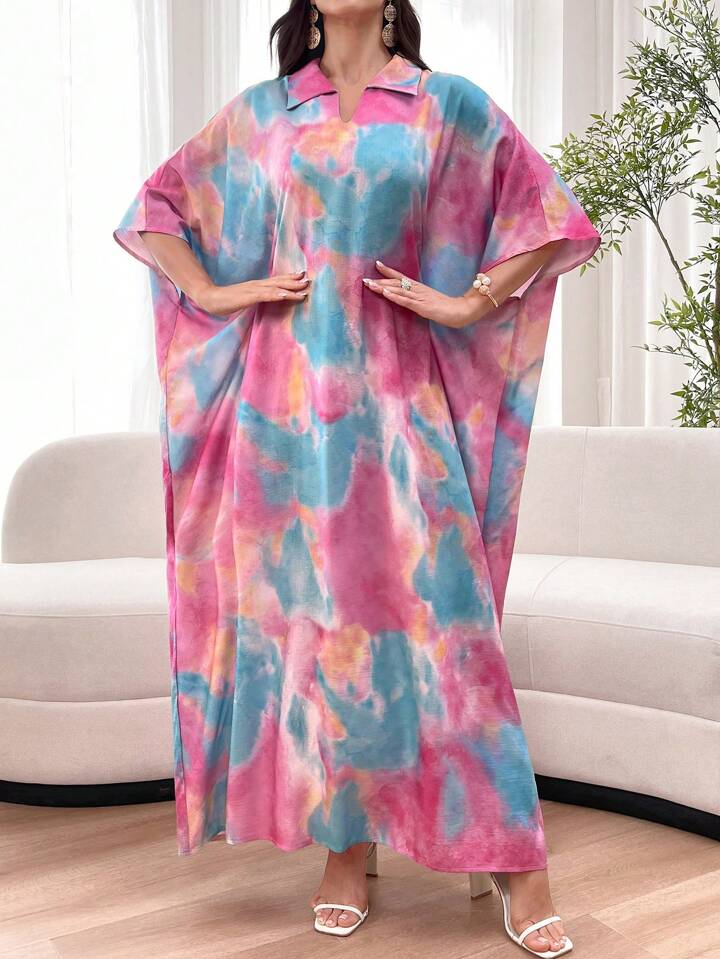 Tie dye print random pattern modest dress in multi