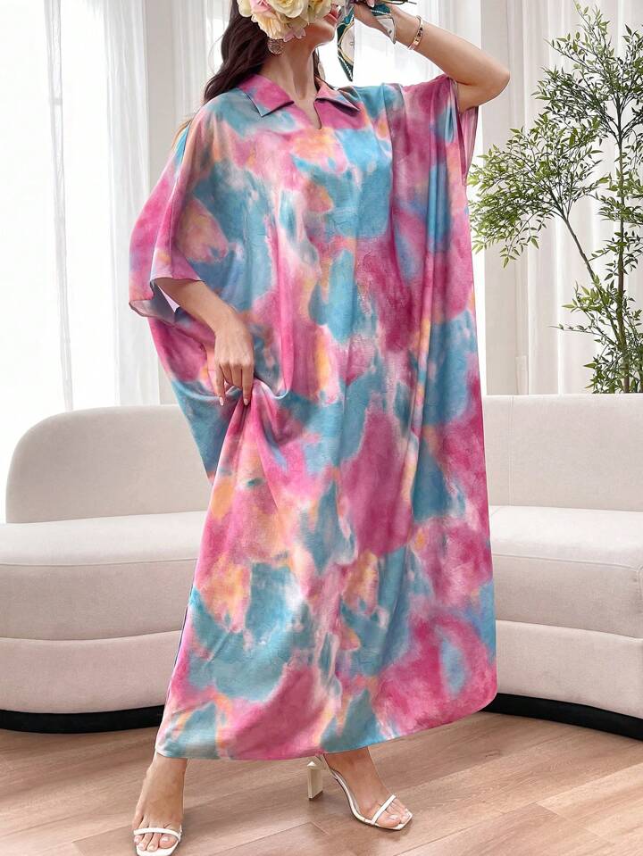 Tie dye print random pattern modest dress in multi