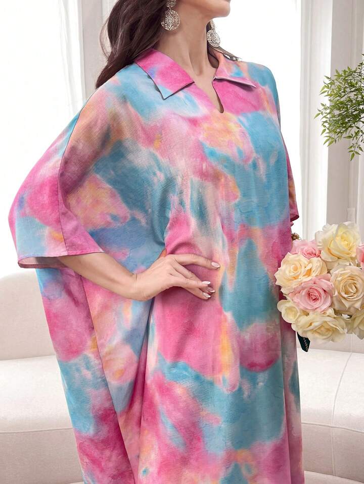 Tie dye print random pattern modest dress in multi