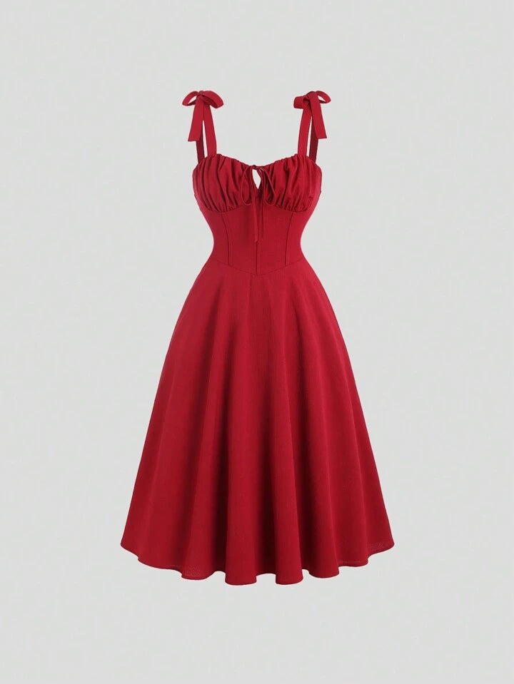 Tie strap pleated front midi dress in burgundy