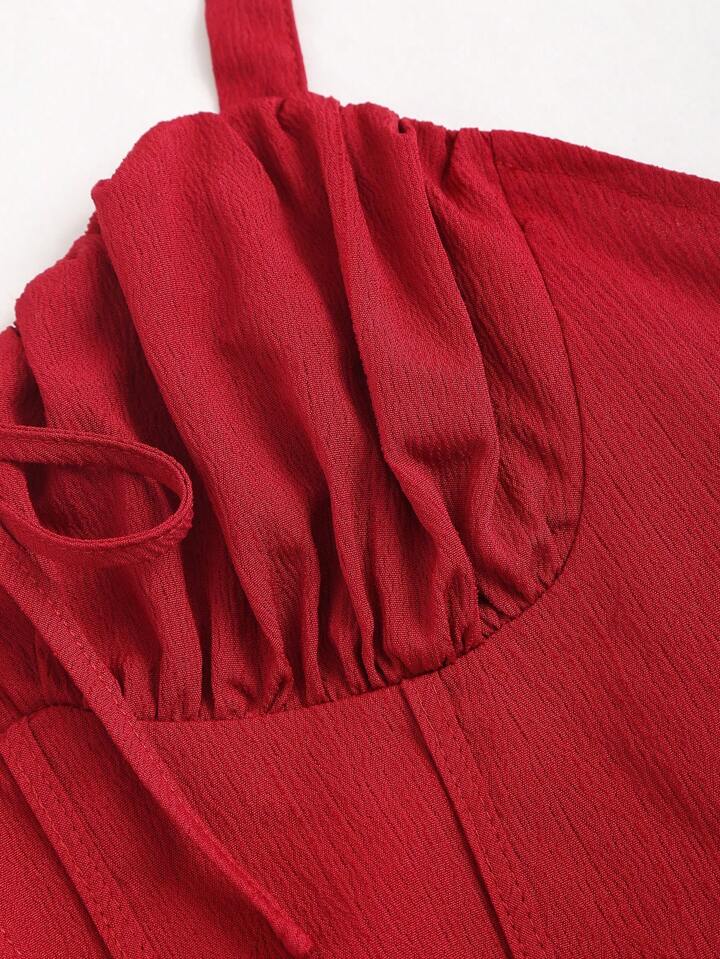 Tie strap pleated front midi dress in burgundy