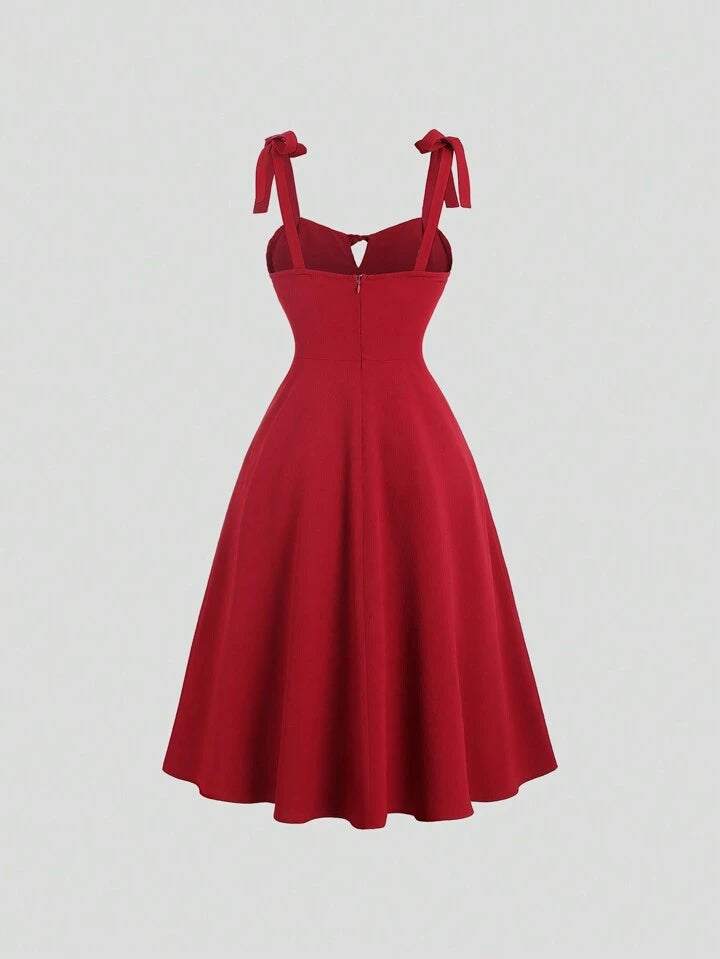 Tie strap pleated front midi dress in burgundy