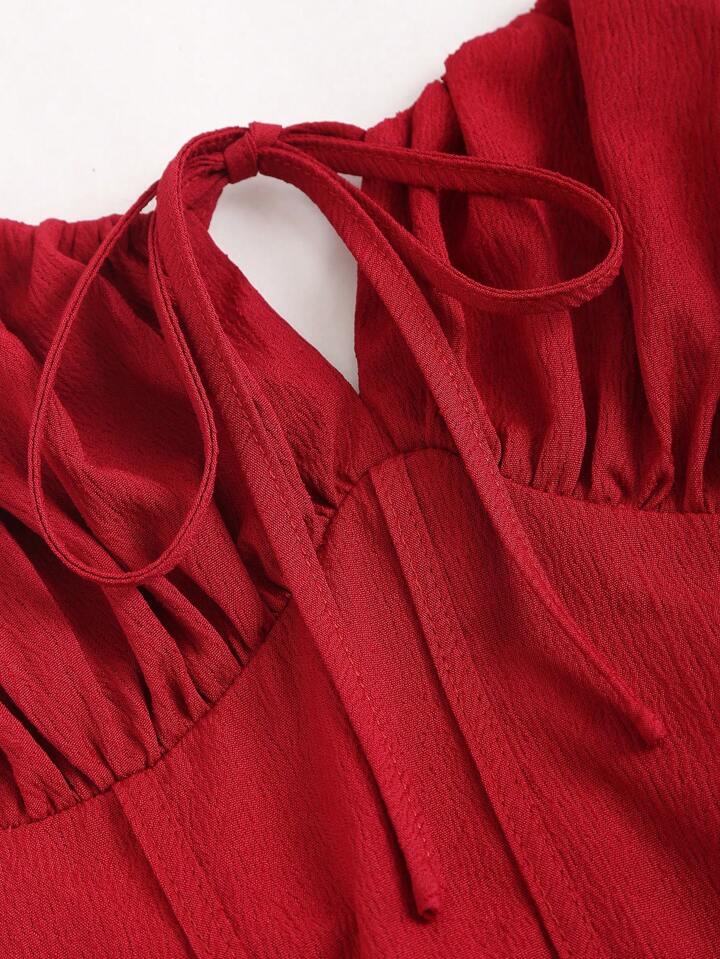 Tie strap pleated front midi dress in burgundy
