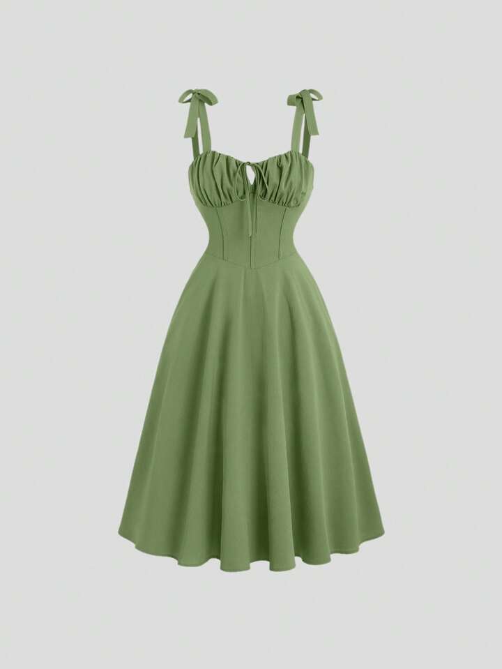 Tie strap pleated front midi dress in green