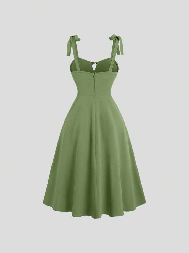 Tie strap pleated front midi dress in green