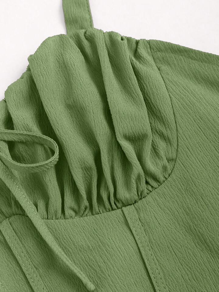 Tie strap pleated front midi dress in green