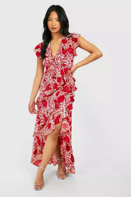 Tile print wrap ruffle maxi dress in red