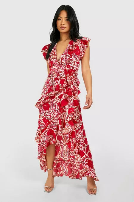 Tile print wrap ruffle maxi dress in red