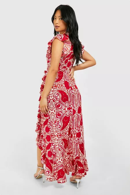 Tile print wrap ruffle maxi dress in red