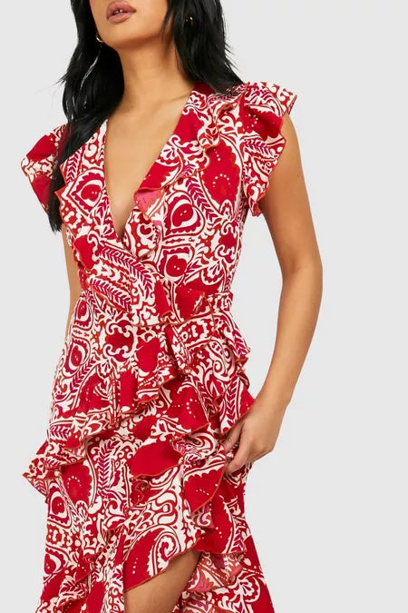 Tile print wrap ruffle maxi dress in red