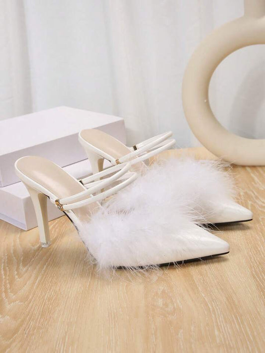 Toe furry high heel sandals in white