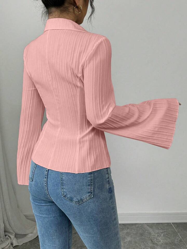 V neck collared ruched waist blouse in pink