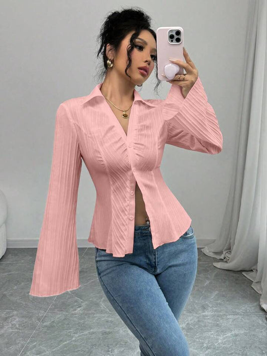 V neck collared ruched waist blouse in pink