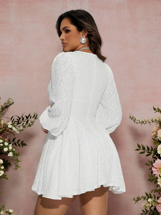 V neck hollow out lace mini dress in white