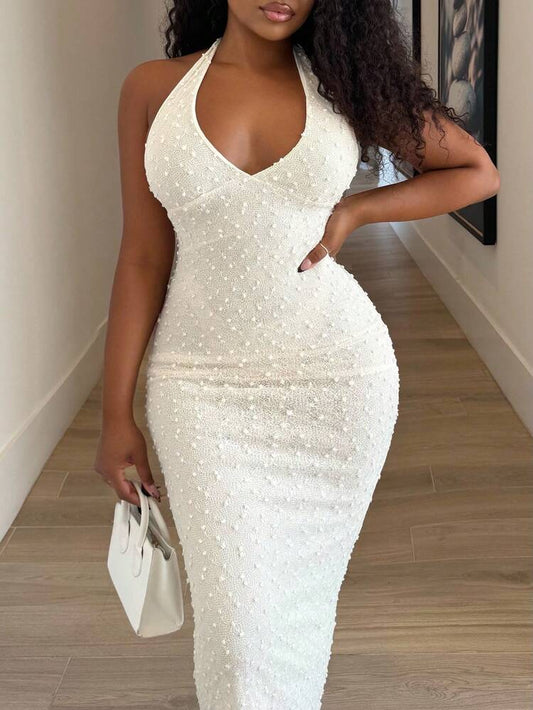 V neck textured slim fit maxi dress in nude