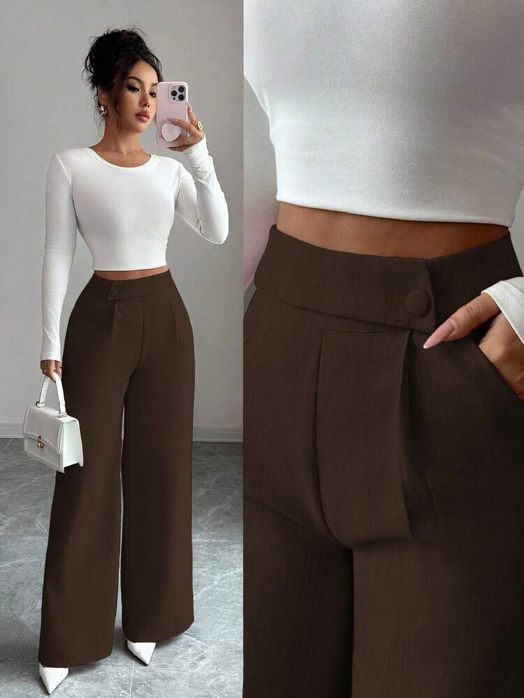 Waist front overlay straight pants in brown