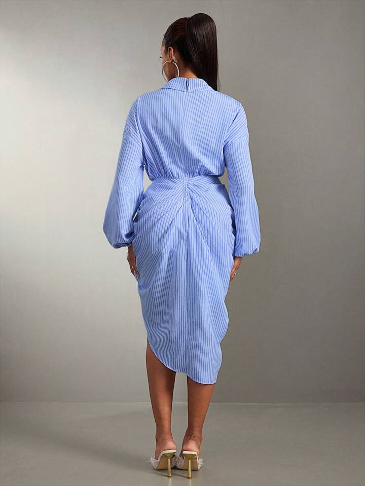 Striped long sleeve shirt midi dress in blue