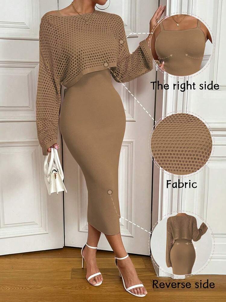 Solid color hollow-out long sleeve sweater & sleeveless knit dress set in khaki