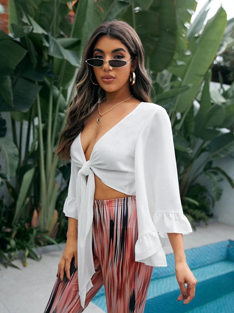 Butterfly sleeve tie front top in white