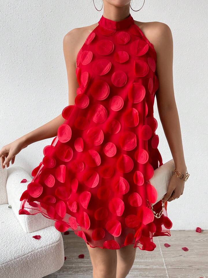 Flower halter neck dress in red