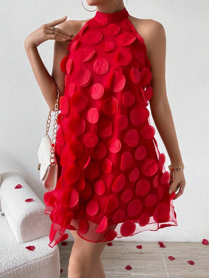 Flower halter neck dress in red