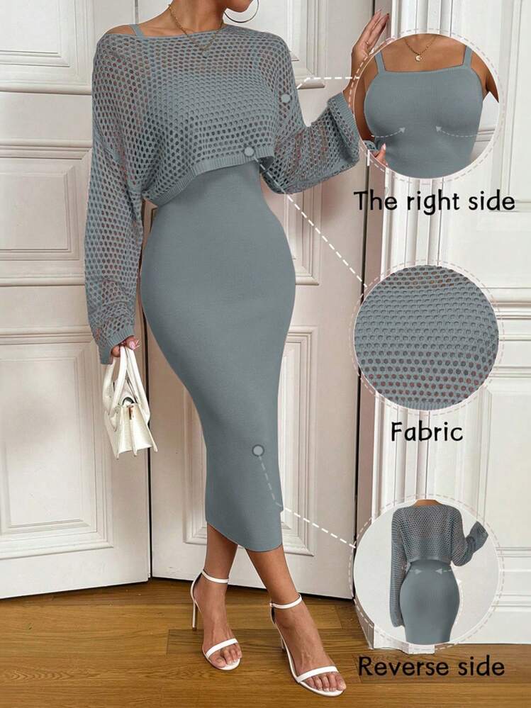 Solid color hollow-out long sleeve sweater & sleeveless knit dress set in grey