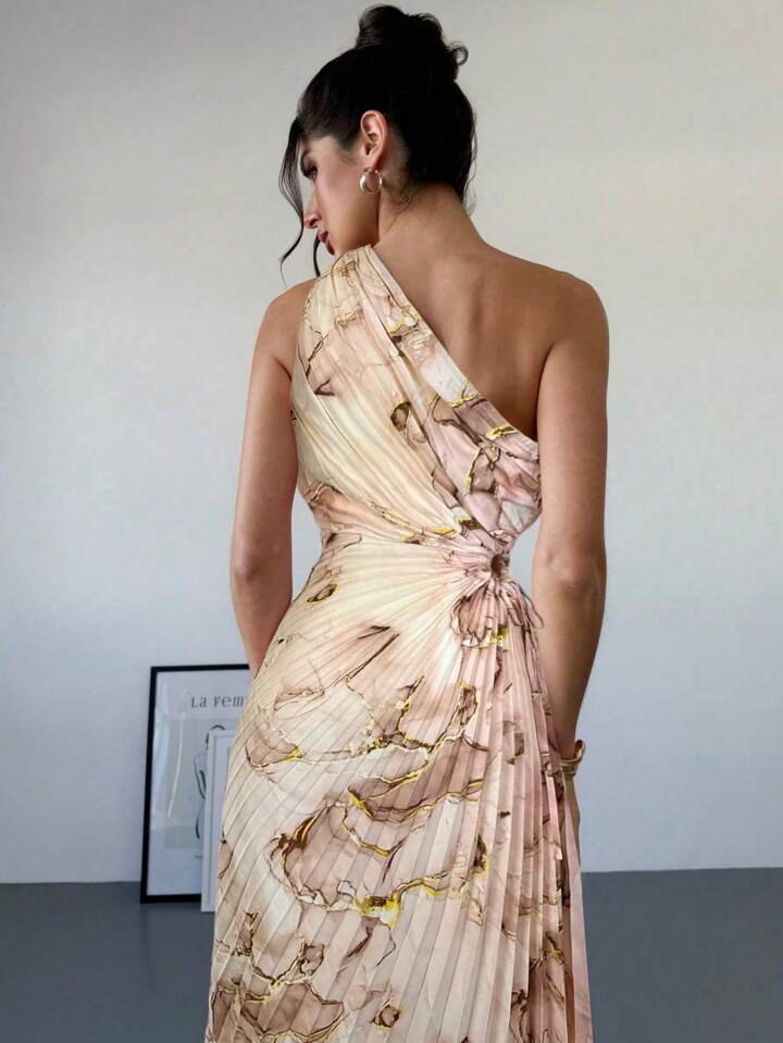 One shoulder tie dye print waist hollow ruffle hem dress in khaki