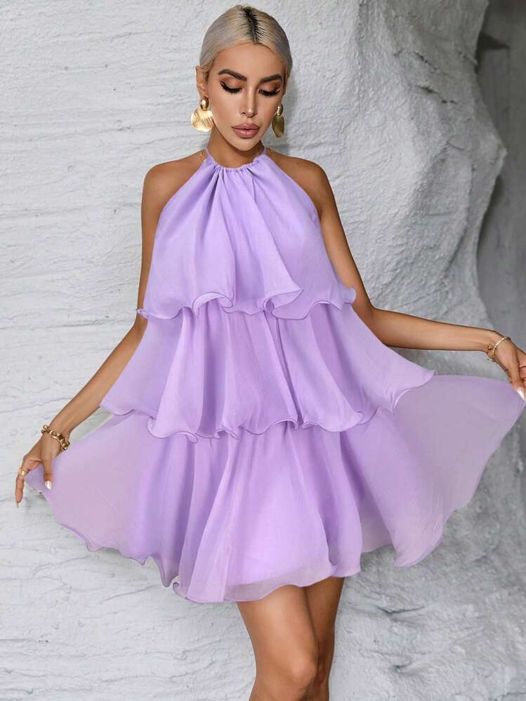 Sold color multi-layer halter neck dress in lilac