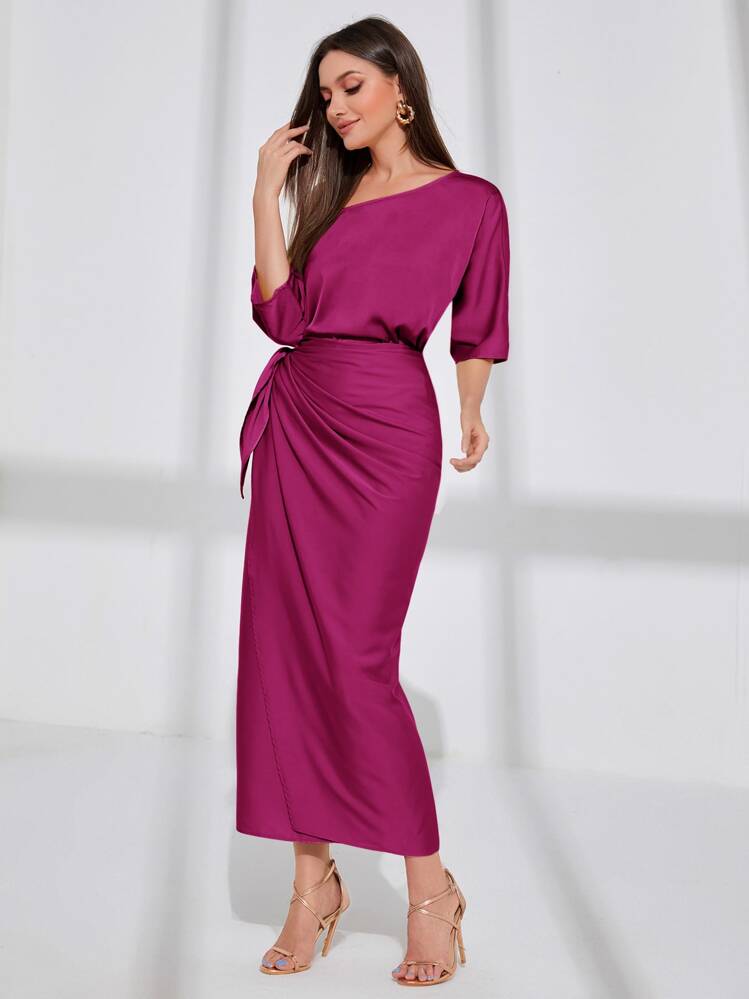 Asymmetrical neck batwing sleeve wrap hem satin dress in purple