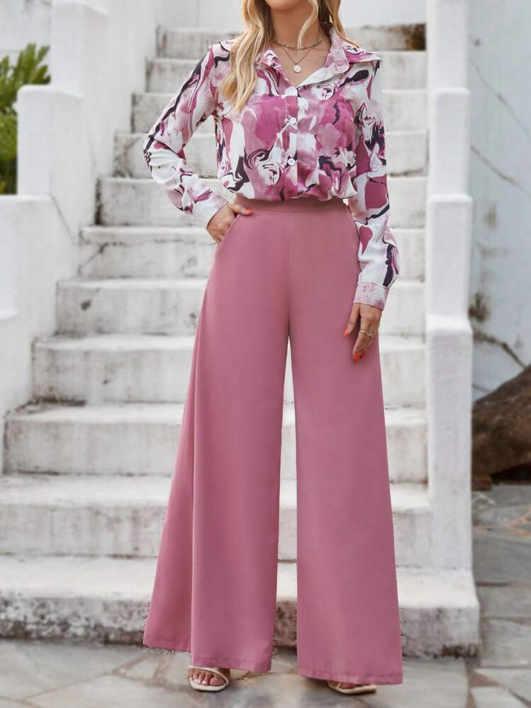 Graphic print shirt & wide leg trousers in pink