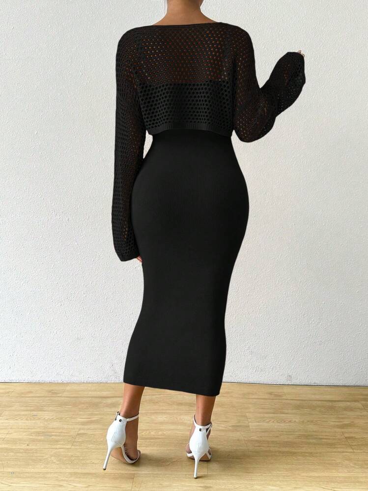 Solid color hollow-out long sleeve sweater & sleeveless knit dress set in black
