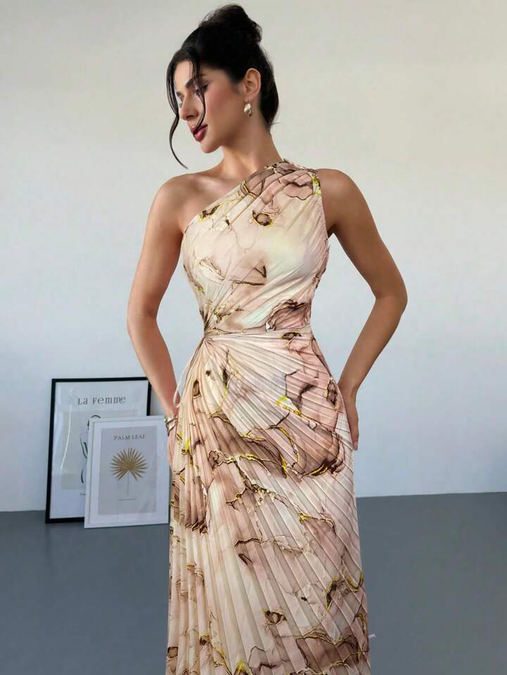 One shoulder tie dye print waist hollow ruffle hem dress in khaki