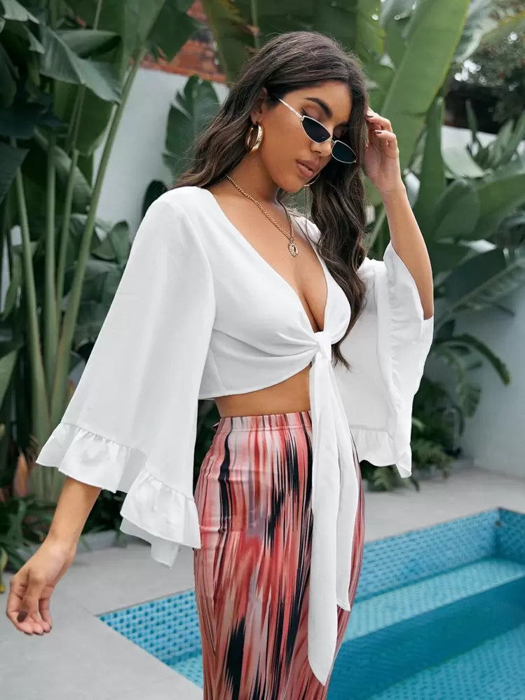 Butterfly sleeve tie front top in white
