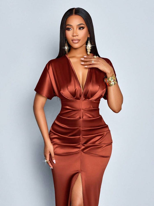 Satin ruched front slit midi dress in rust