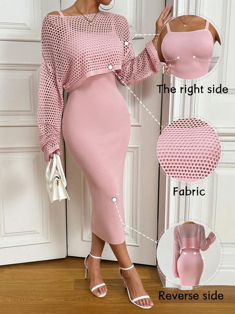 Solid color hollow-out long sleeve sweater & sleeveless knit dress set in pink