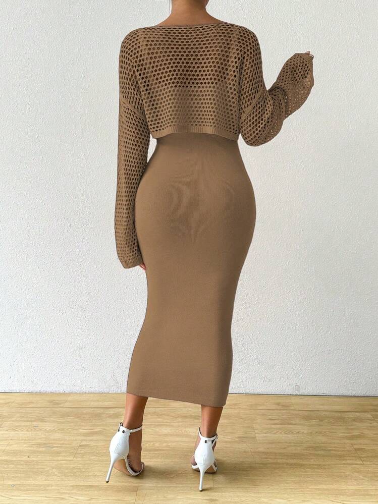 Solid color hollow-out long sleeve sweater & sleeveless knit dress set in khaki