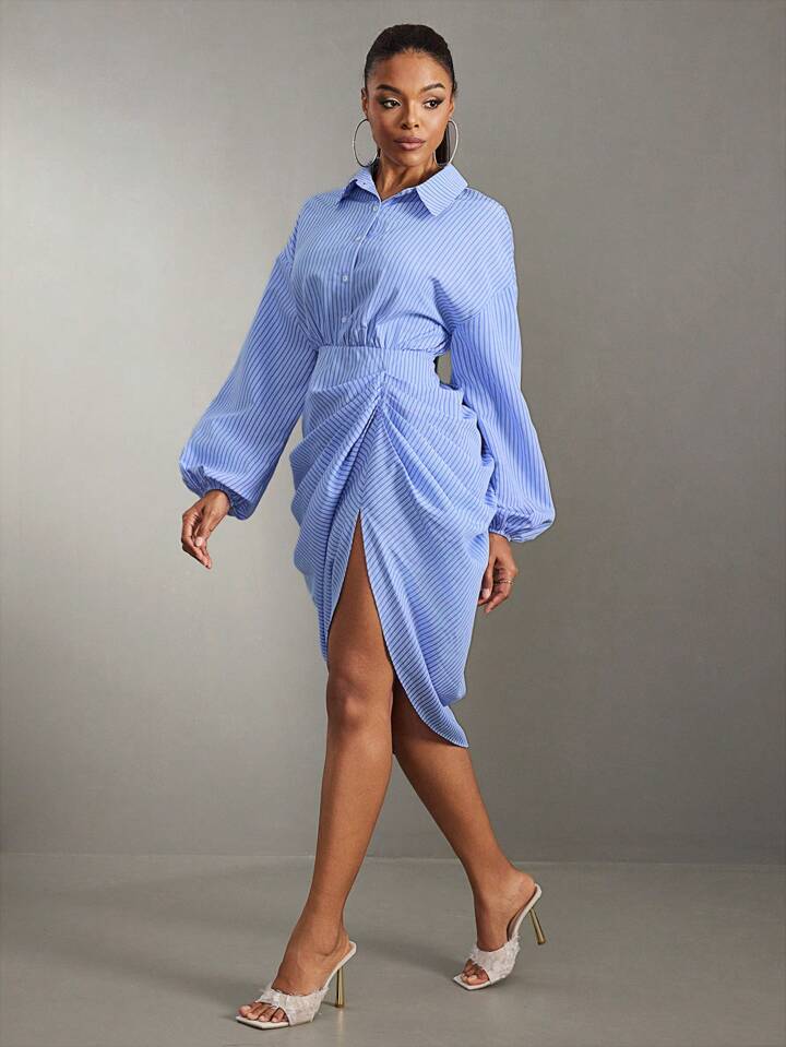 Striped long sleeve shirt midi dress in blue